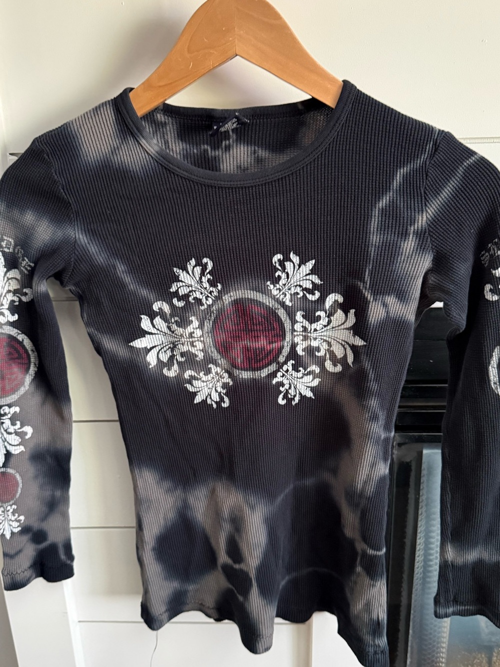 Y2K Sledge vintage Black Tie-Dye Long Sleeve White Floral Medallion retro Small
